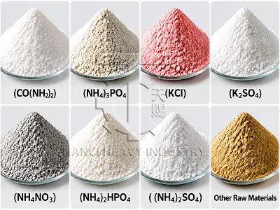 Various powder raw materials applicable for NPK compound fertilizer dry granulation