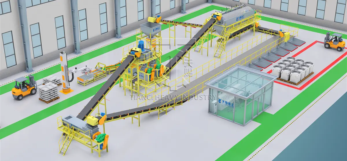 3D rendering layout of double roller extrusion dry granulation NPK compound fertilizer production line