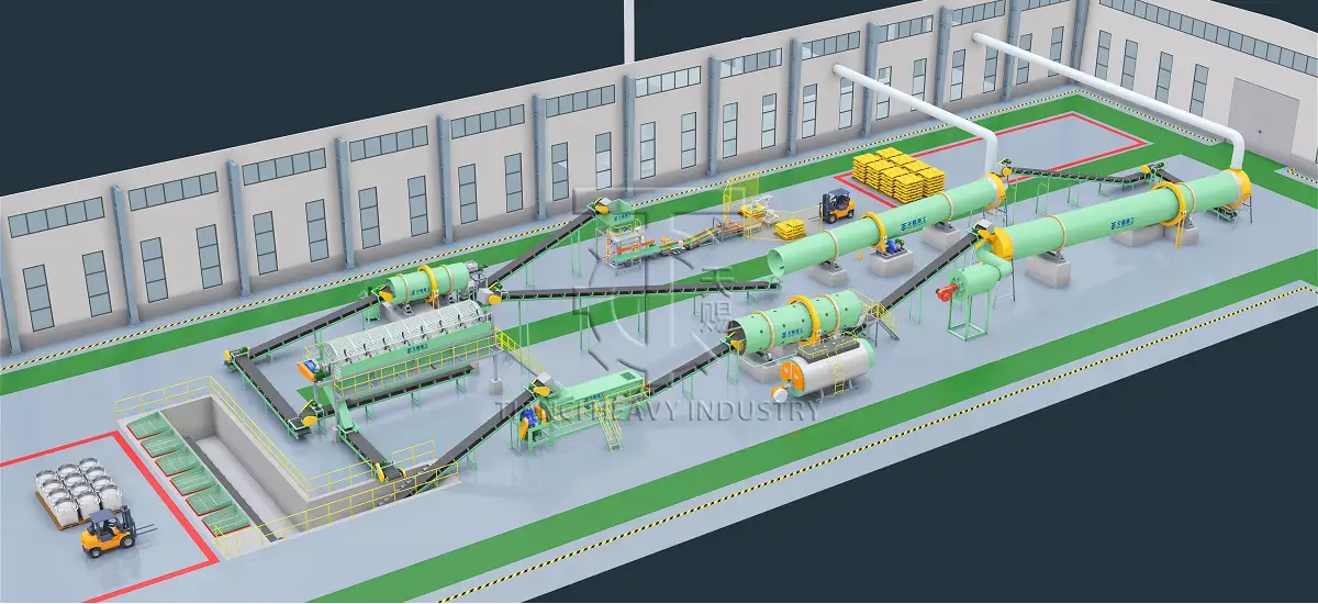 Rotary drum wet granulation compound fertilizer production line 3D layout drawing